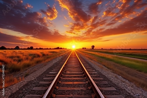 Spectacular view of enchanting railway track vanishing into the horizon at mesmerizing sunset