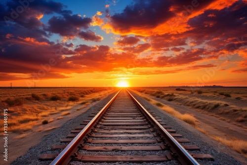 Captivating railway track disappearing at enchanting sunset with mesmerizing horizon