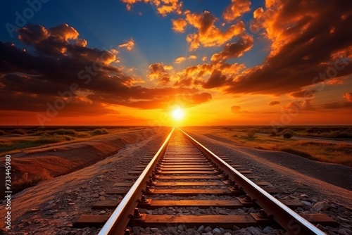 Enchanting railroad track vanishing into the mesmerizing sunset with vibrant colors