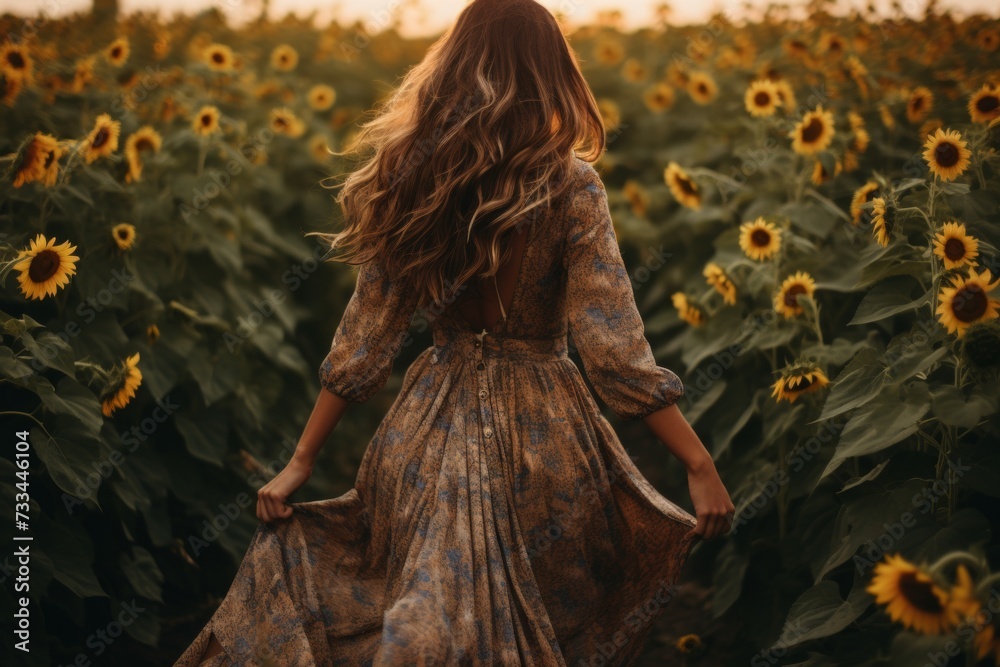 Stunning brunette girl escaping through a golden sea of sunflowers towards the setting sun - obrazy, fototapety, plakaty 