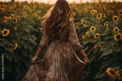 Stunning brunette girl escaping through a golden sea of sunflowers towards the setting sun photo