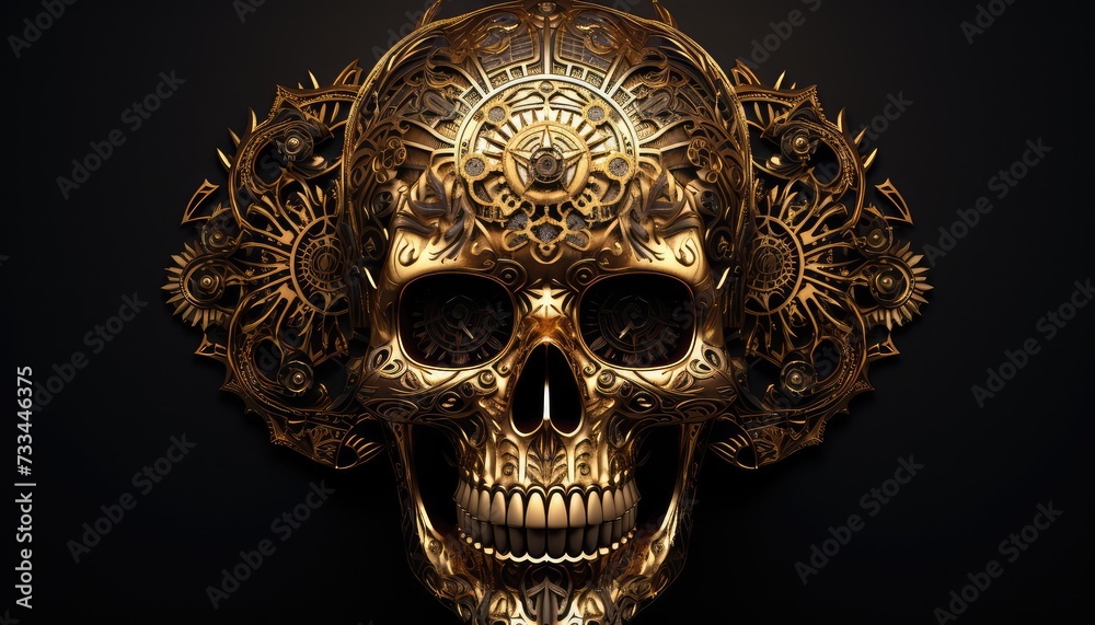 Golden decorative metallic golden brain skull on dark background hd