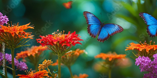 Exotic butterflies fluttering among tropical flowers  in search of nectar  against the backdrop of green tropical plants.