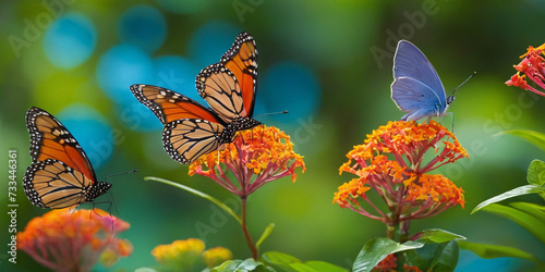 Exotic butterflies fluttering among tropical flowers, in search of nectar, against the backdrop of green tropical plants.