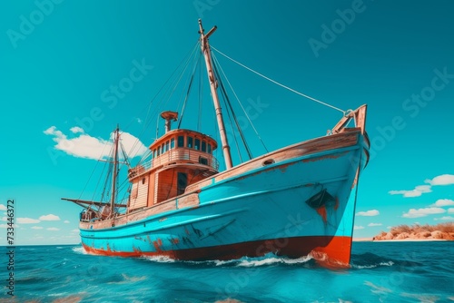 Serene scene. traditional wooden fishing boat expertly catches an abundance of fresh fish at sea
