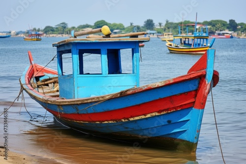 Fishing boat on the open sea with a beautiful sunrise  catching fresh fish for the market