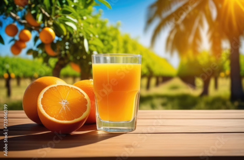 glass of orange juice with oranges on a wooden table, against a background of orange trees