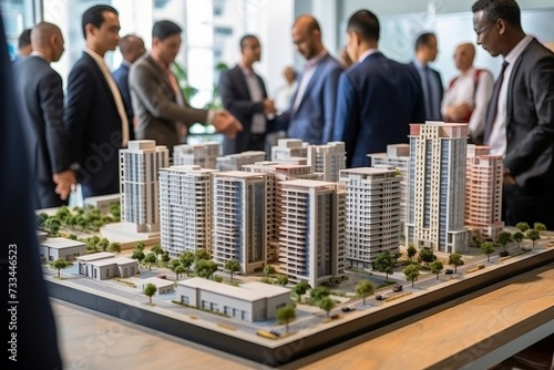 A meeting on the joint work of engineers, architects, contractors, meetings of real estate brokers and company presidents to select a model for the construction of a residential complex