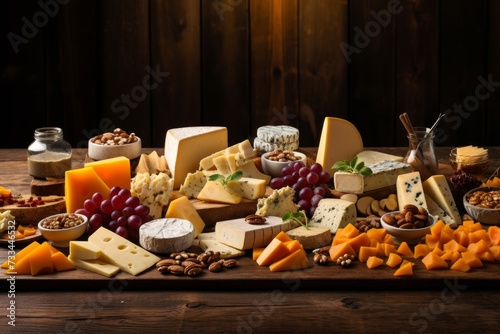 Assorted cheese varieties displayed on a rustic wooden table in an appetizing manner
