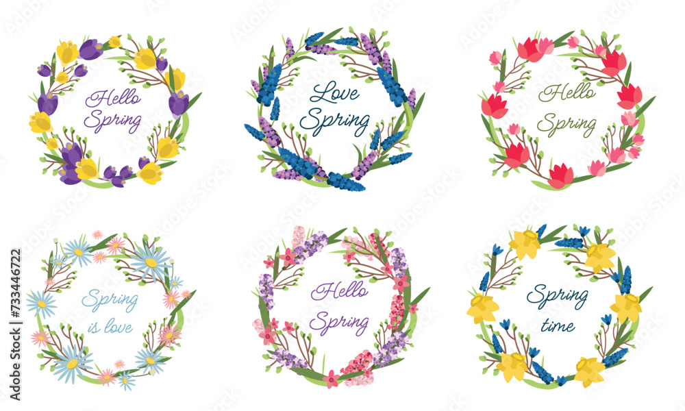Vector flowers in circle isolated on white background. Spring time: daffodils, tulips, hyacinths, tulips, muscari, daisies.Round frame for your design, greeting cards, wedding announcements, posters. 