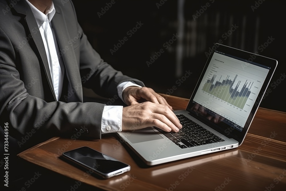 Businessman in suit using laptop with chart on screen and hand on table - technology concept Businessman in suit using laptop with chart on screen and hand on table - technology concept
