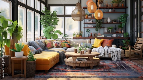 Eclectic Boho-Chic: Artistic Living Room with Diverse Textures and Colors © VisualMarketplace