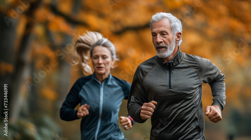 mature, smiling sportsman and sportswoman running in park together