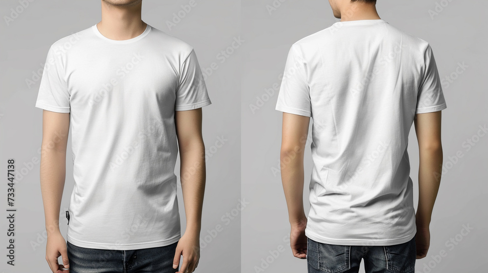 Man wearing white t-shirt isolater on white background. Set of tho mock-ups, view from the front and from the back.