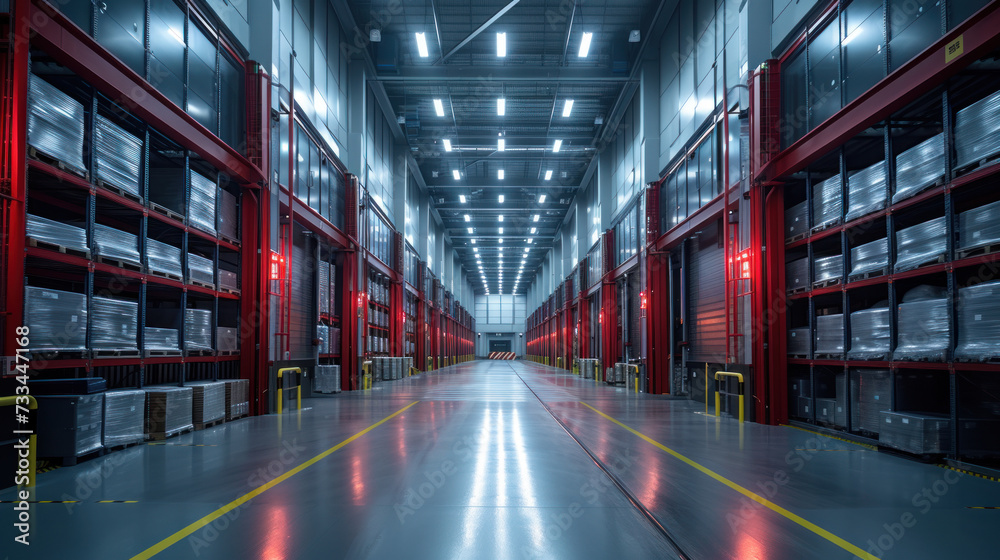 Fototapeta premium High-tech warehouse, close up shot, with a high level of electronics, equipped to store and sort goods