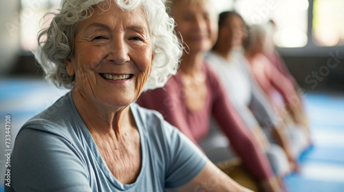 Seniors doing yoga with smiles in a retirement home photo