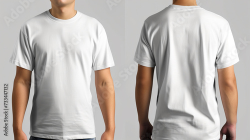 Man wearing white t-shirt isolater on white background. Set of tho mock-ups, view from the front and from the back. photo