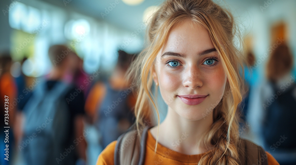 A young woman with bright blue eyes and a gentle smile stands in the bustling atmosphere of a transit hub, her relaxed demeanor and casual style presenting a snapshot of contemporary youth on the go