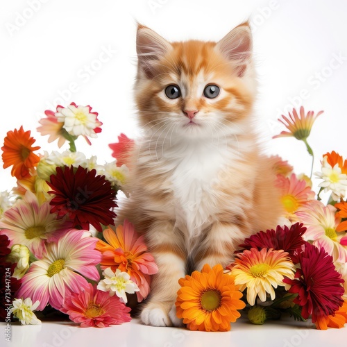 Cute siberian kitten with flowers on a white background.