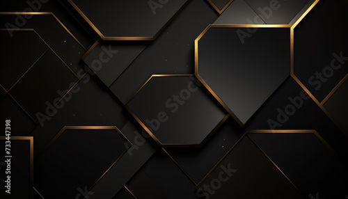 Luxury hexagonal abstract black metal background with golden light lines. Dark 3d geometric texture illustration. Bright grid pattern. Pure black horizontal banner wallpaper. Carbon elegant wedding --