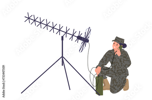 Military woman cartoon character working with radio communications in army isolated on white