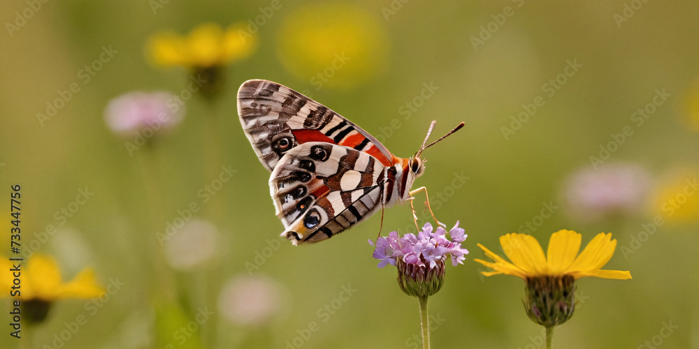 Obraz premium Butterflies fluttering over wildflowers in a meadow in the summer.