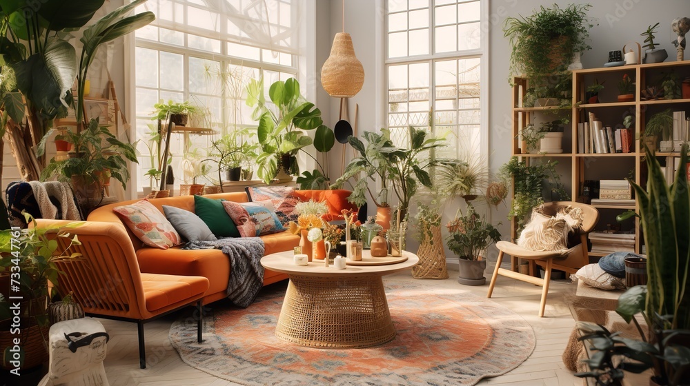 Eclectic Boho-Chic: Artistic Living Room with Diverse Textures and Colors - obrazy, fototapety, plakaty 