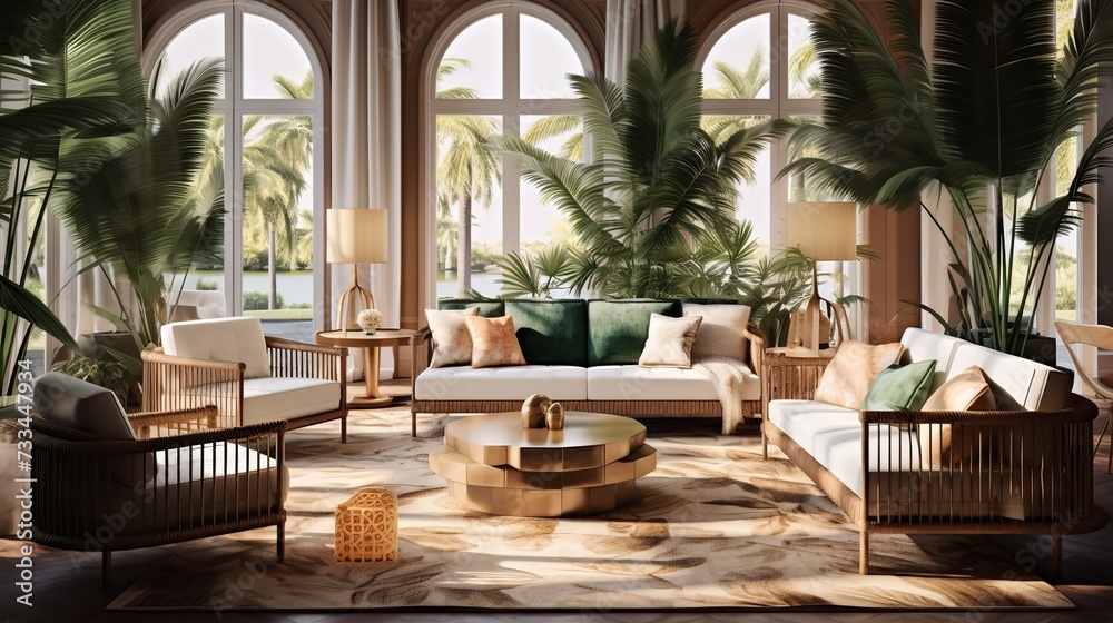 Fototapeta premium Exquisite Escape: Exotic Luxury Living Room with Worldly Elegance