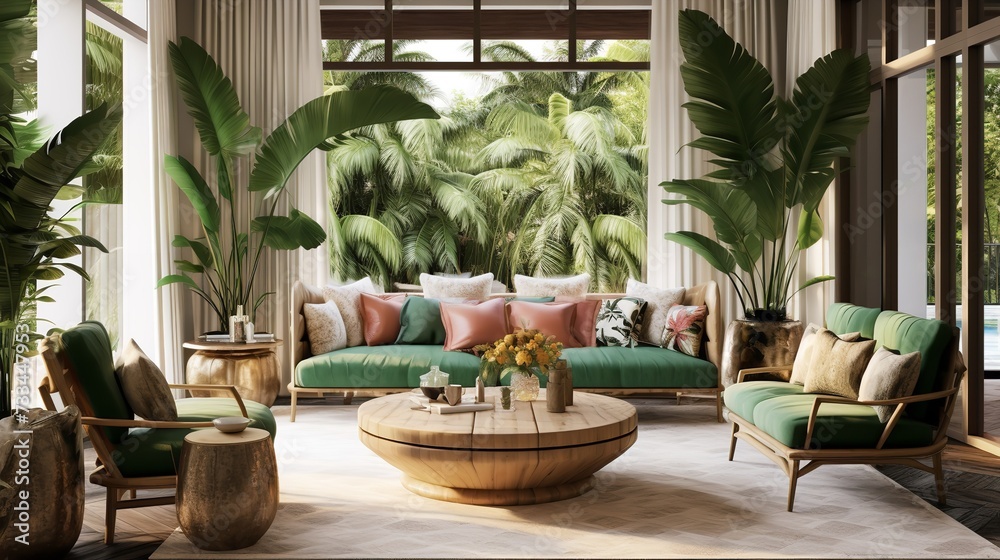 Fototapeta premium Exquisite Escape: Exotic Luxury Living Room with Worldly Elegance