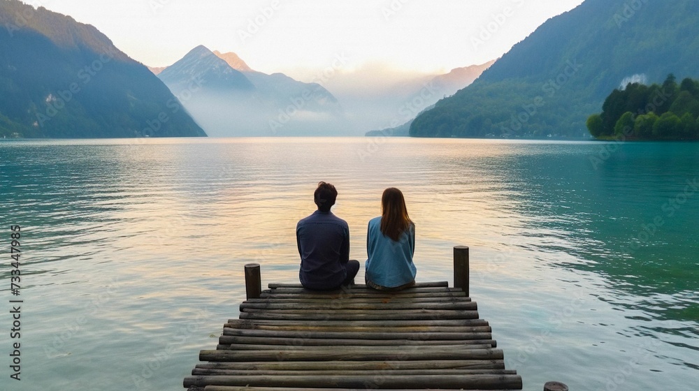 AI generated illustration of a couple sitting on a wooden pier in a lake in mountains