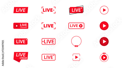 Live streaming different set of icons  on white background. Buttons for broadcasting, livestream or online stream. Template for tv, channel, live breaking news, social media, online.