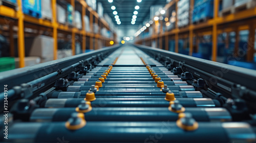 High-tech warehouse, close up shot, with a high level of electronics, equipped to store and sort goods