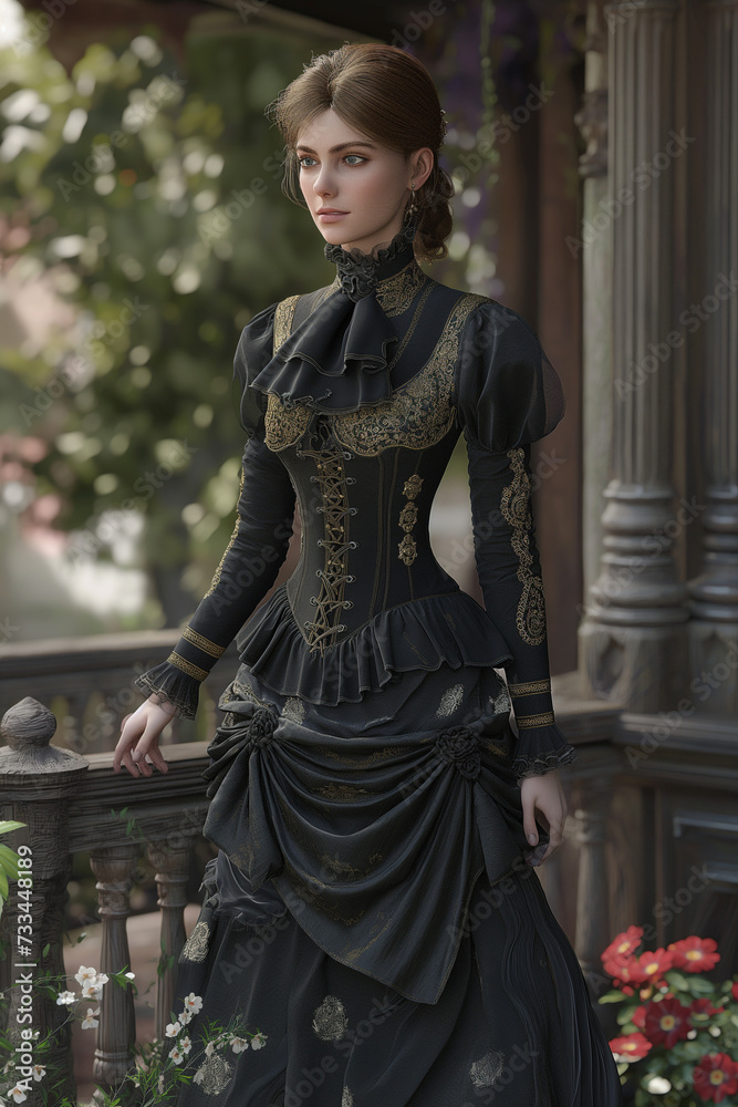 Victorian style clothes young woman. Medieval fashion. 