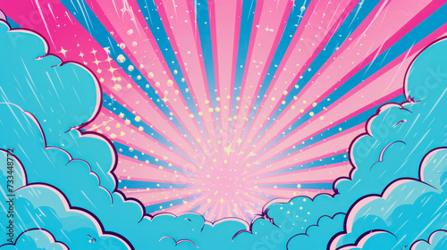 ai generative illustration of a background with blue clouds and a pink and blue striped center, comic style
