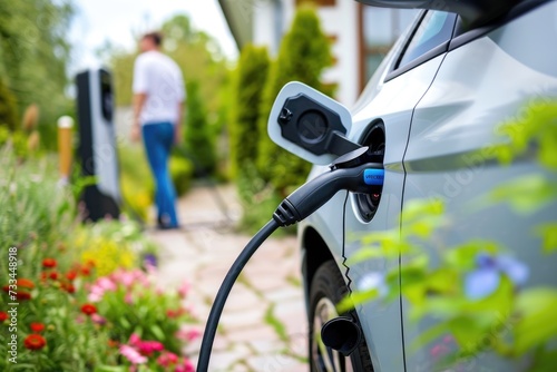 Electric car charging at home station with ecofriendly concept. photo