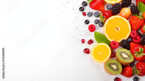 Various fresh fruits with waterdrops  white background  text space