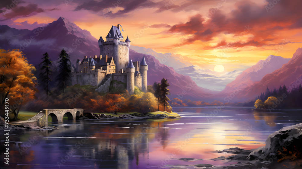 A Scene of Majesty: Sunset over a European Medieval Castle Reflected on a Serene Lake