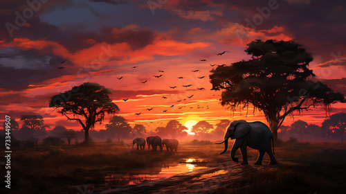 herd of elephants on sunset