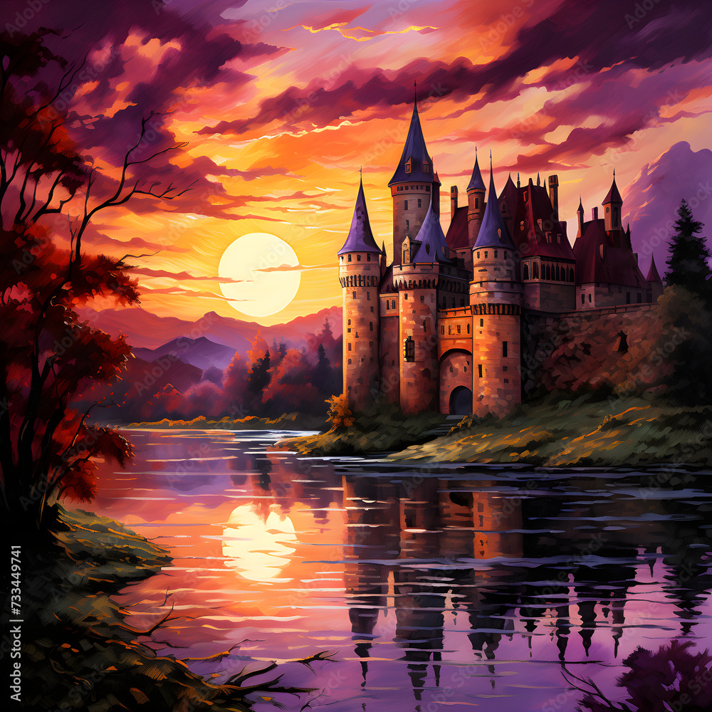 A Scene of Majesty: Sunset over a European Medieval Castle Reflected on a Serene Lake