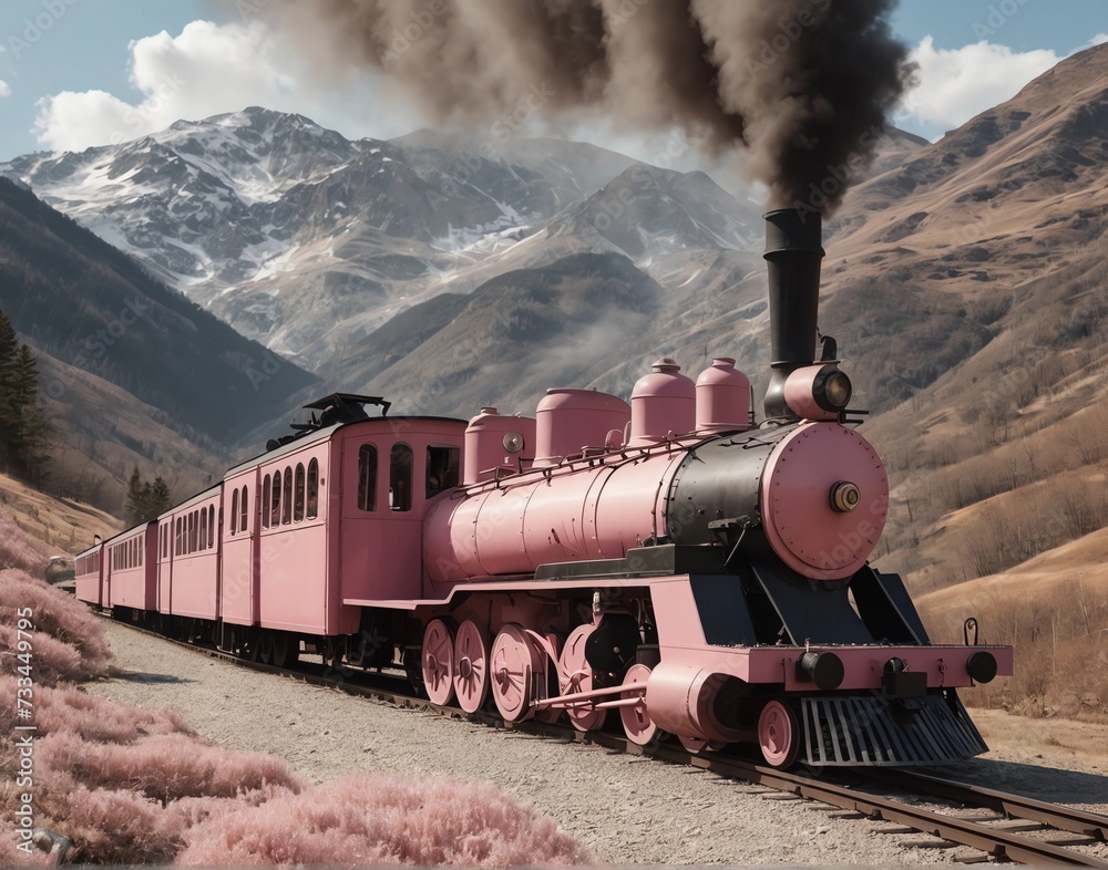 Fototapeta premium Pink steam train in the mountains