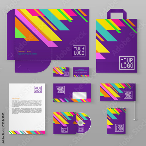 Purple stationery template design with multicolored lines. Set of business corporate identity mock up. Documentation for business.
