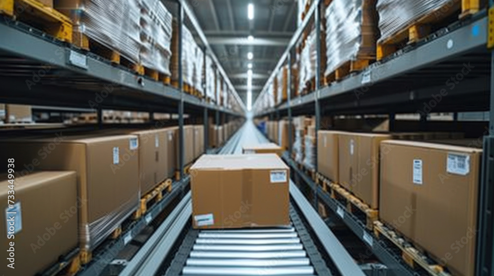 Fototapeta premium High-tech warehouse, close up shot, with a high level of electronics, equipped to store and sort goods