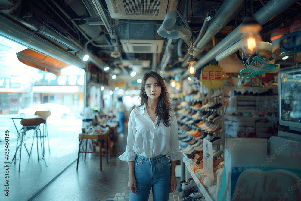 A young Asian businesswoman in her newly opened shoe shop. A young Asian businesswoman in her newly opened shoe shop.
