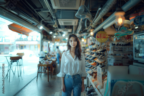 A young Asian businesswoman in her newly opened shoe shop.