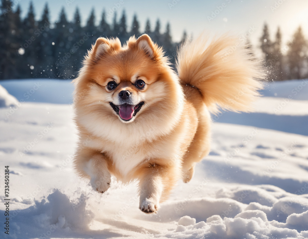 Pomeranian Dog Jumping In Snow