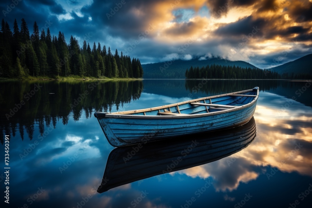 Tranquil wooden boat reflections on peaceful lake at dawn embracing beautiful natural serenity