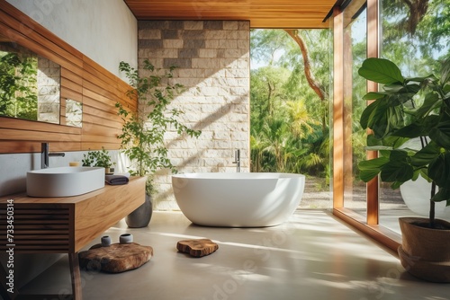 Luxurious bright modern bathroom with new fixtures, tiles, and floor-to-ceiling windows © Daria