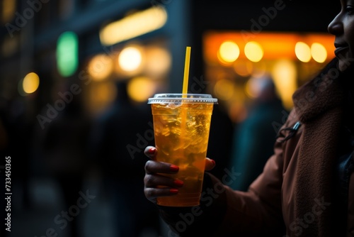 Close up of a woman holding a glass of ice tea in the city
