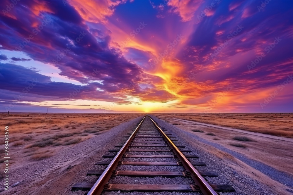 Breathtaking railway track disappearing into the mesmerizing horizon at the stunning sunset Breathtaking railway track disappearing into the mesmerizing horizon at the stunning sunset