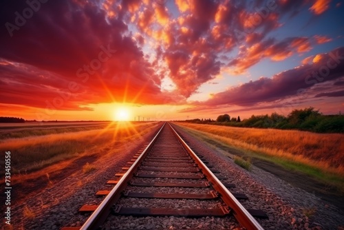 Spectacular sunset. enchanting railway track disappearing into the mesmerizing horizon © Daria